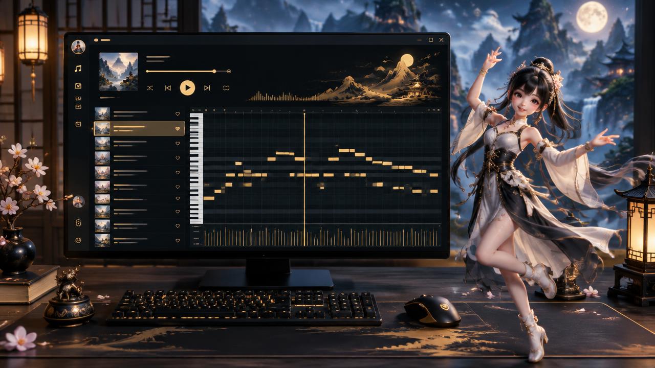 Tela do Celiza Music Player com a lista de músicas e o personagem dançando